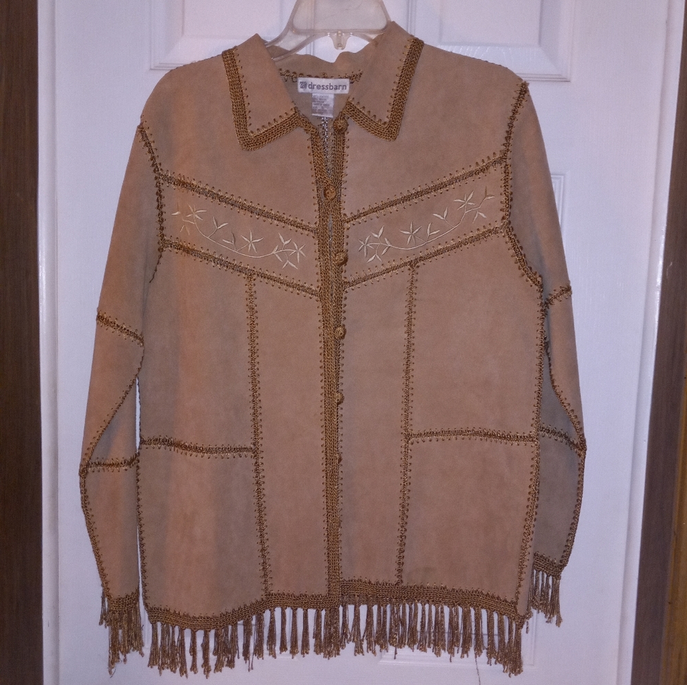 Tan light weight dress jacket with fringe.